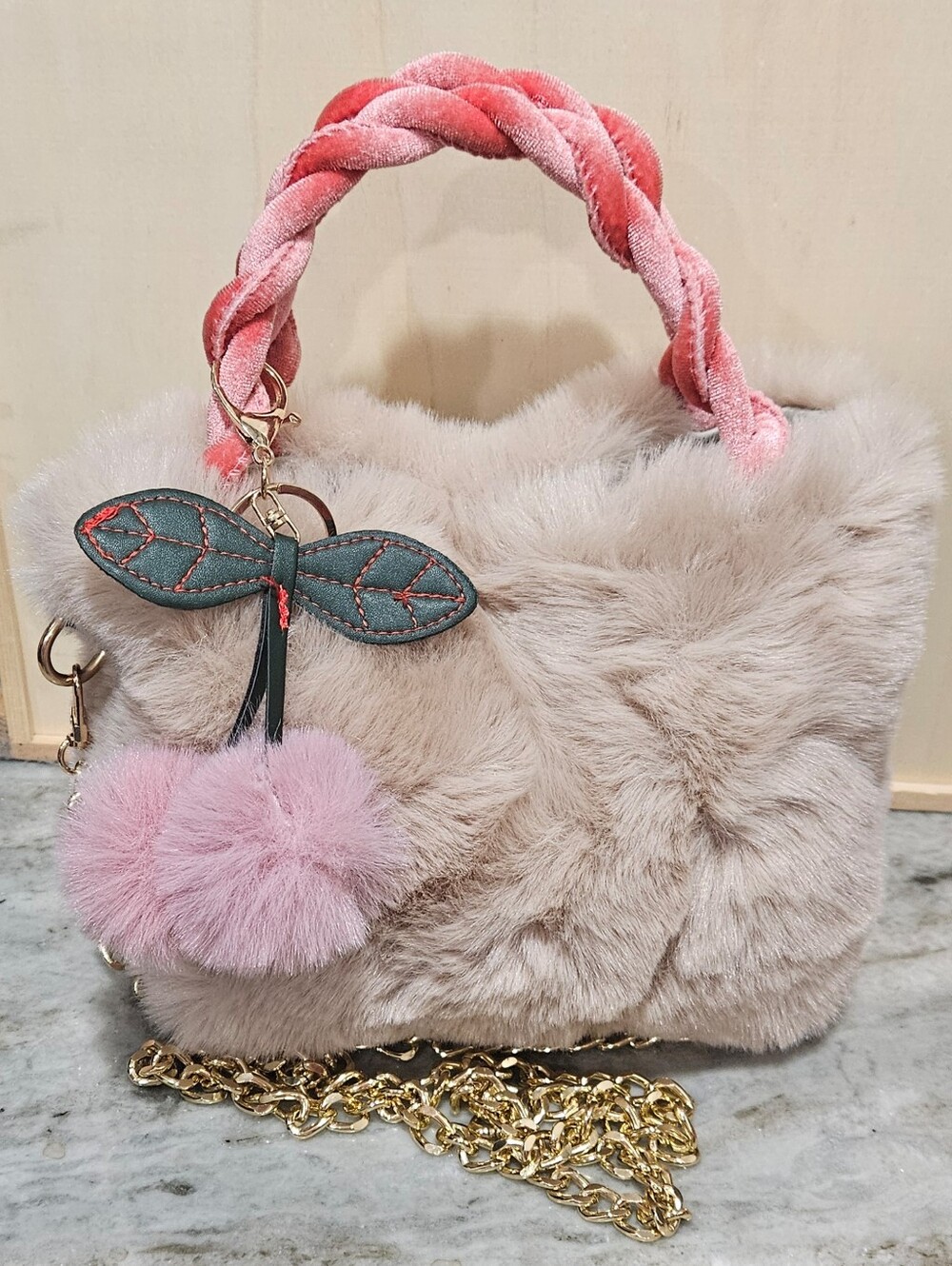 Fluffy Khaki Plush Handbag With Pom Pom Cherry Keychain NWOT